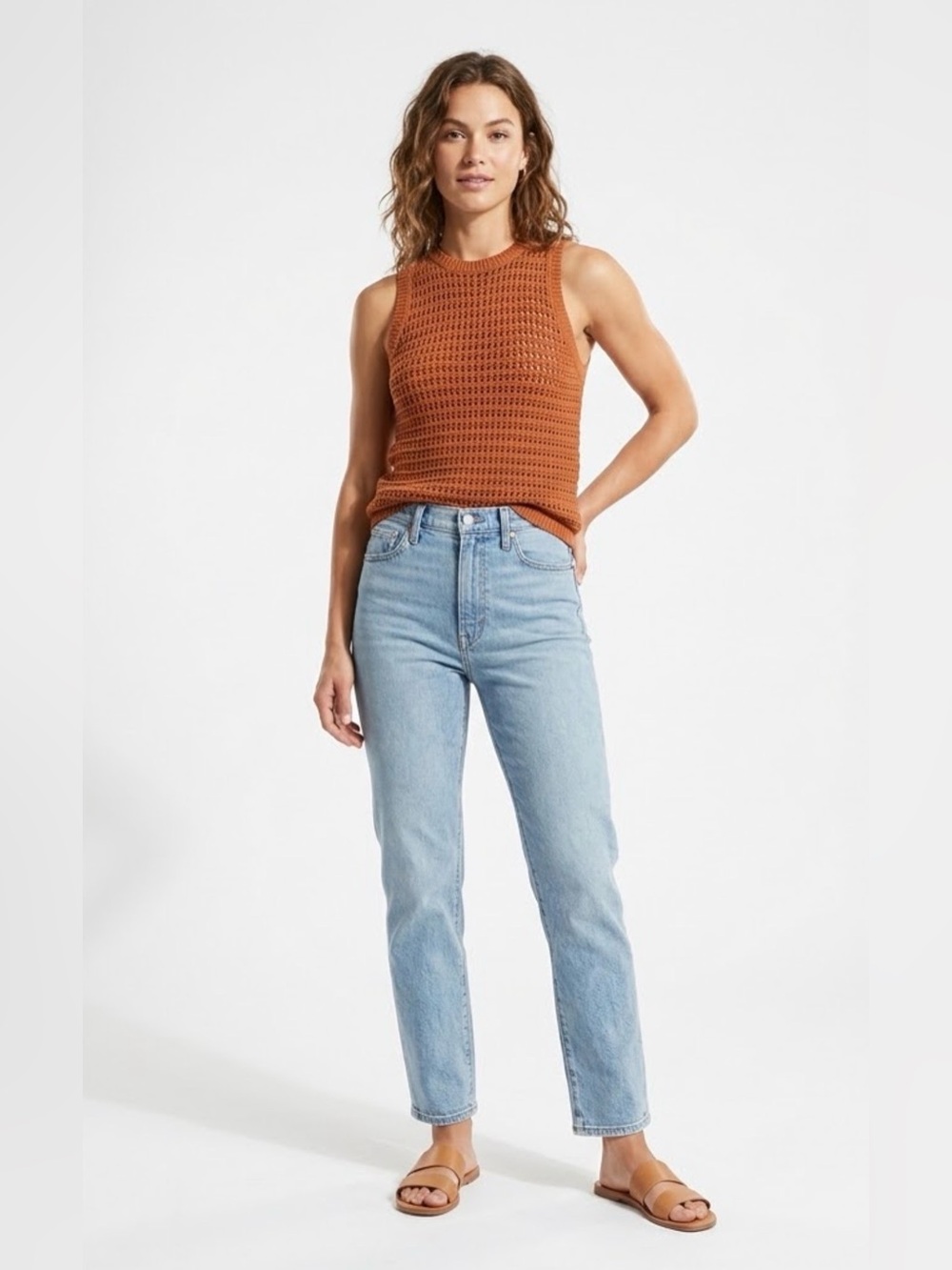 Madewell Crochet Knit Open Stitch Sweater Tank Top M Rust Brown Boho Festival